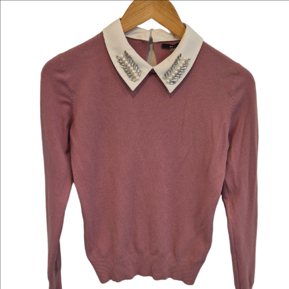 Vila Milano Embellished Collar Pink Crewneck Sweater - Picture 1 of 7
